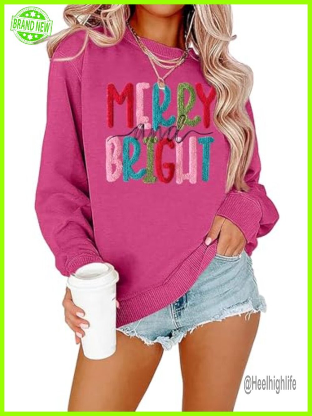 Chenille Patch Merry and Bright Christmas Sweatshirt Women Long Sleeve Pullover